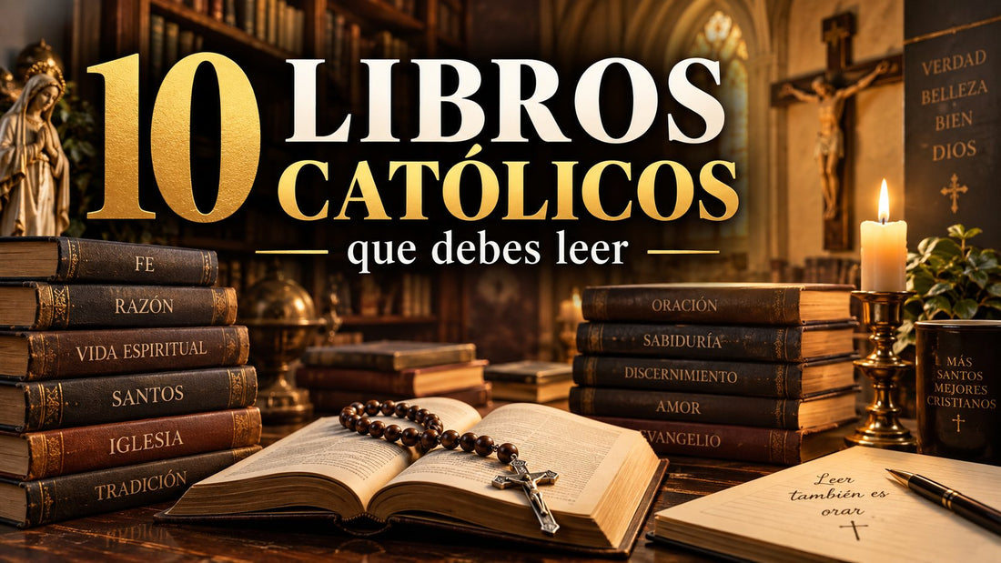 Los 10 libros católicos que debes leer: pilas de libros sobre una mesa con una Biblia abierta, un rosario y un crucifijo