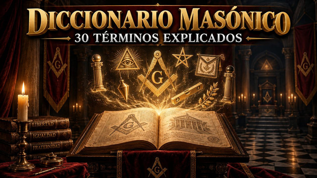 Libro antiguo abierto del que salen símbolos masónicos dorados