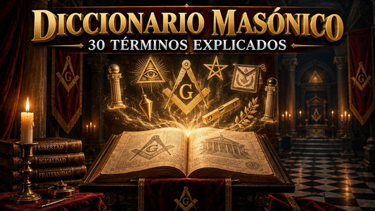 Libro antiguo abierto del que salen símbolos masónicos dorados