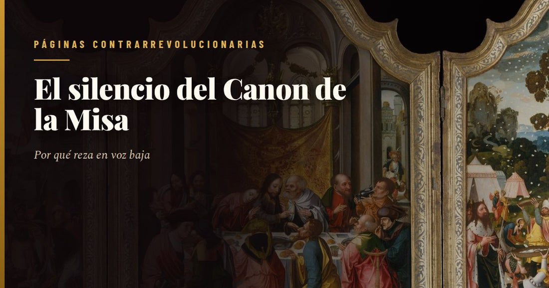 Cuadro antiguo de la consagración en la Misa tradicional: el sacerdote, de espaldas y revestido de casulla, inclinado sobre el altar con las manos sobre el pan y el cáliz entre dos candelabros encendidos, y el acólito arrodillado con la campanilla