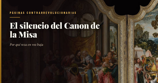 Cuadro antiguo de la consagración en la Misa tradicional: el sacerdote, de espaldas y revestido de casulla, inclinado sobre el altar con las manos sobre el pan y el cáliz entre dos candelabros encendidos, y el acólito arrodillado con la campanilla