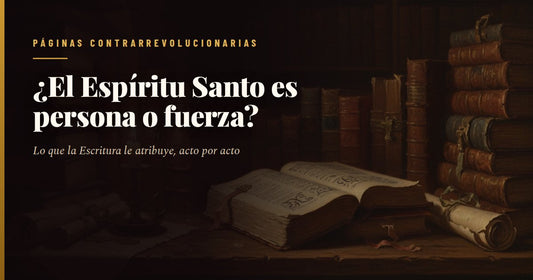 Libro antiguo abierto sobre una mesa de madera en una biblioteca en penumbra, entre volúmenes en piel y una vela encendida, con el titular «¿El Espíritu Santo es persona o fuerza?» y el sello de Páginas Contrarrevolucionarias.
