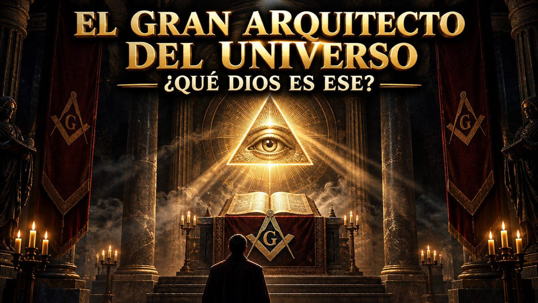 Templo masónico en penumbra con el delta luminoso y el ojo sobre el altar