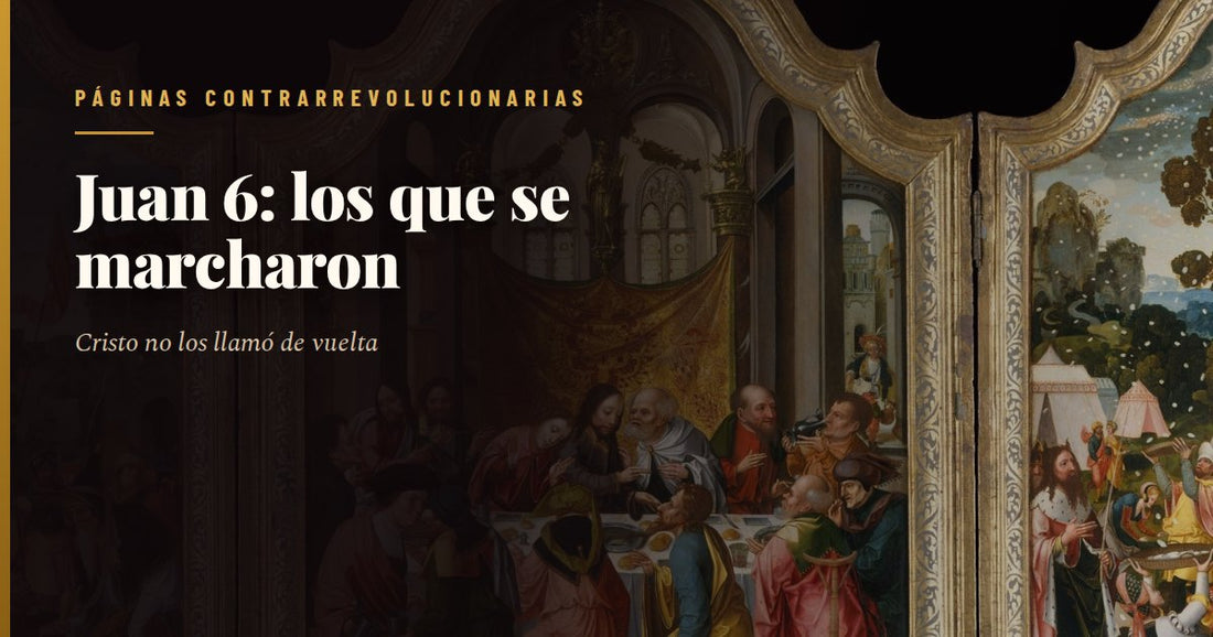 Grabado antiguo de Cristo de pie ante una multitud sentada en la hierba, con la mano derecha levantada y un pan en la izquierda, junto a un lago con barcas al fondo; en primer plano varios hombres se alejan de espaldas y un grupo pequeño queda arrodillado