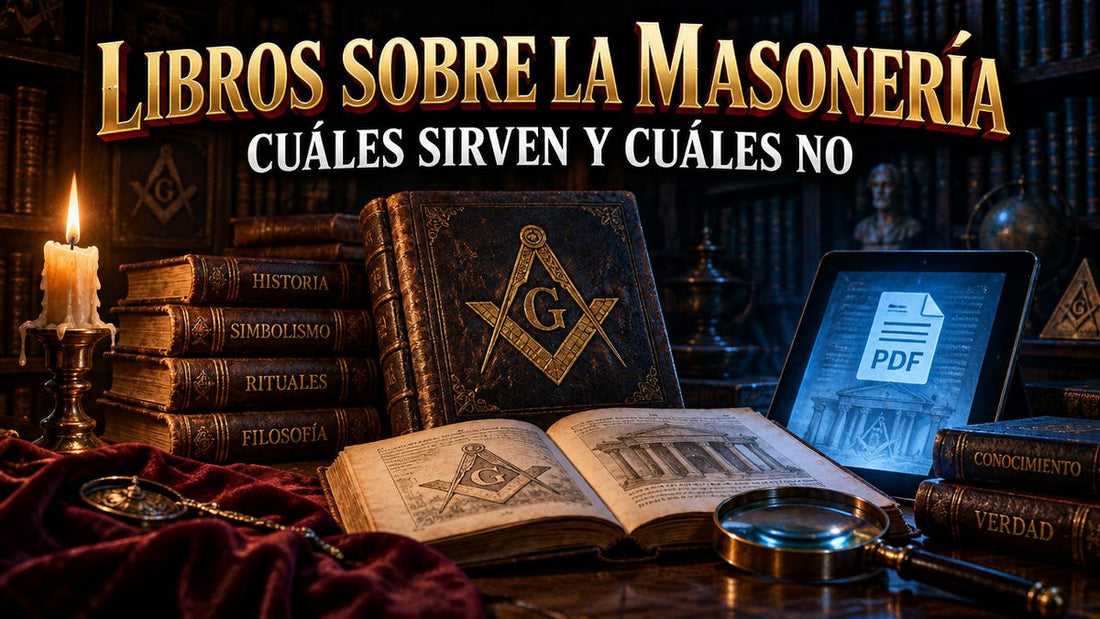 Libros antiguos sobre masonería junto a una vela y una pantalla con un PDF