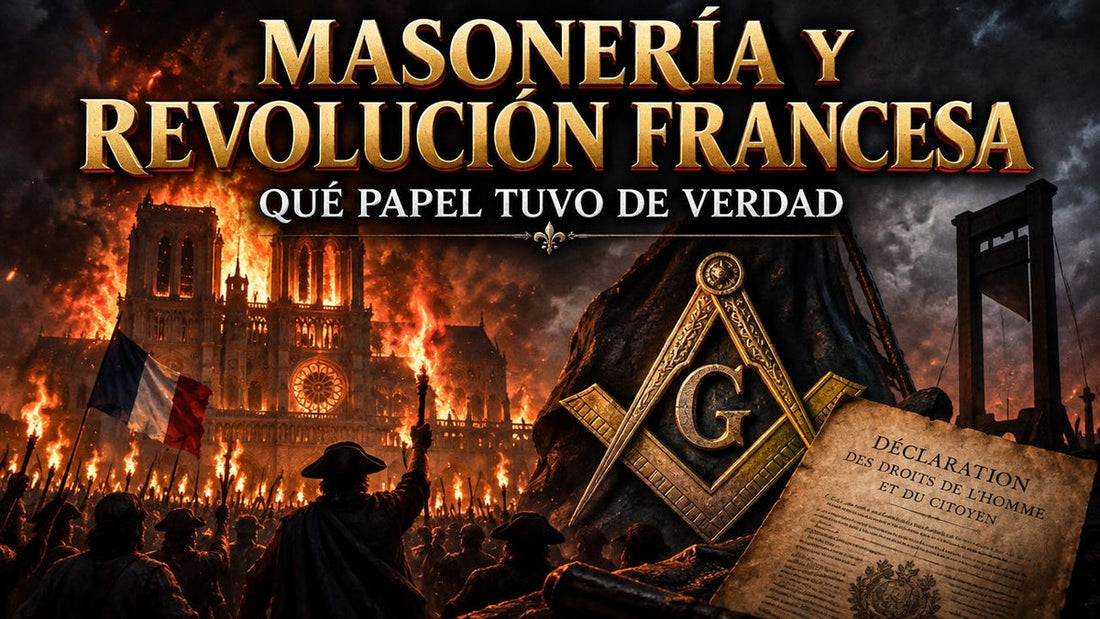 París en 1789, una iglesia en llamas y el emblema masónico entre el humo