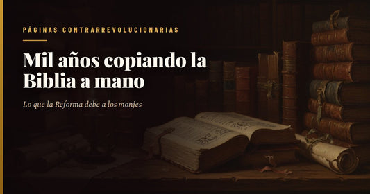Monje copista inclinado sobre un atril en el scriptorium de un monasterio, con hábito oscuro, pluma de ave en la mano y un pliego de pergamino a medio escribir a dos columnas, junto a tinteros y cuchillo de raspar, bajo la luz de un ventanal alto
