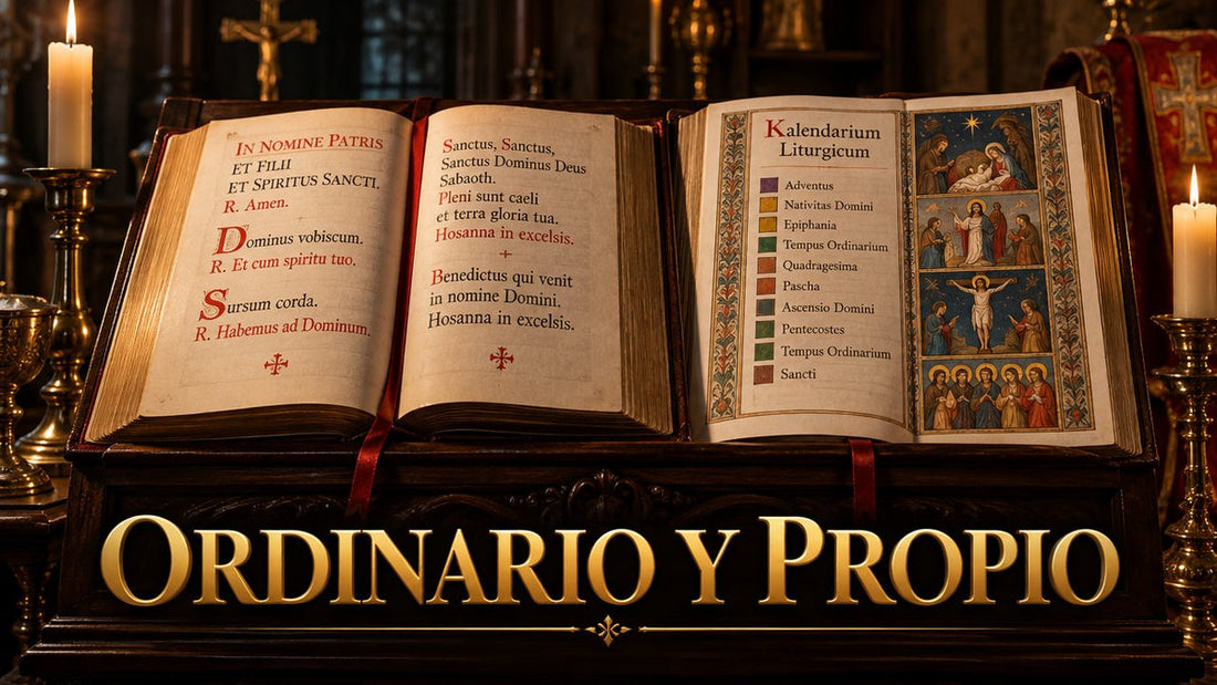 Misal romano abierto junto a un calendario litúrgico iluminado, para explicar el ordinario y el propio de la Misa