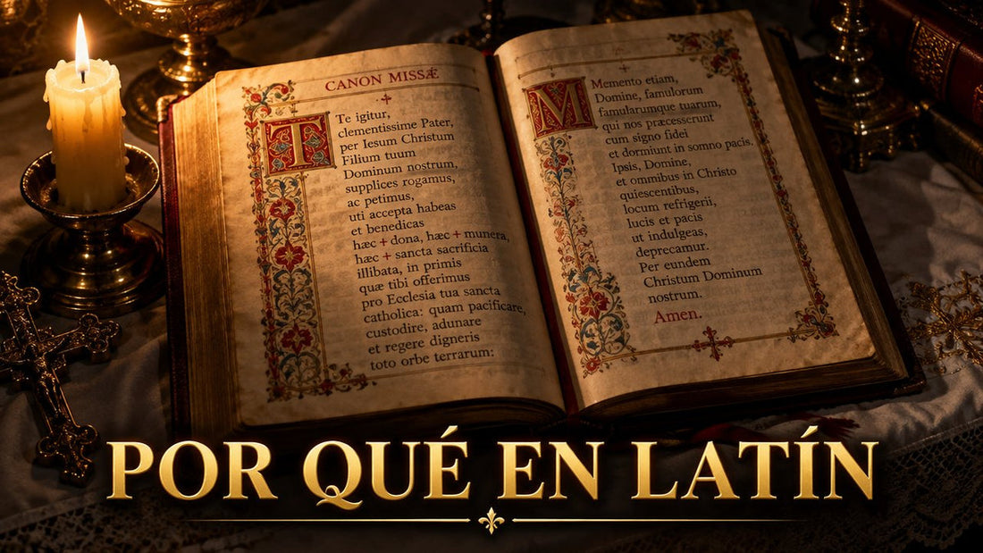 Misal antiguo abierto con el Canon de la Misa en latín y capitulares iluminadas, a la luz de una vela