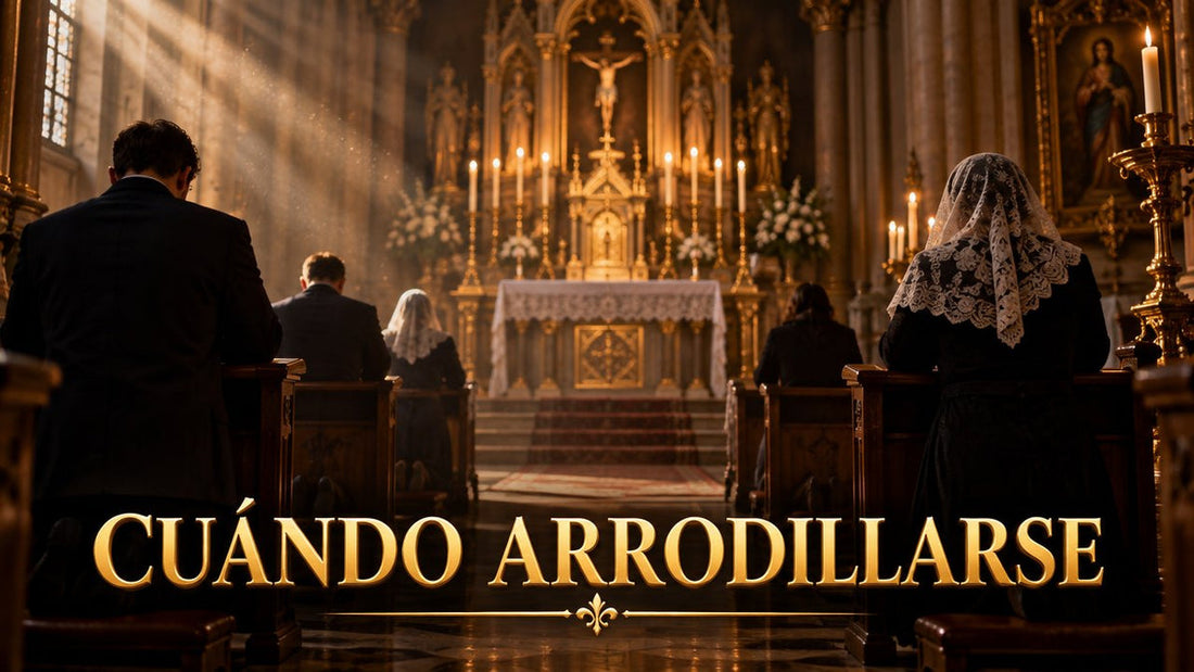 Fieles arrodillados de espaldas en los bancos de una iglesia durante una Misa tradicional en latín