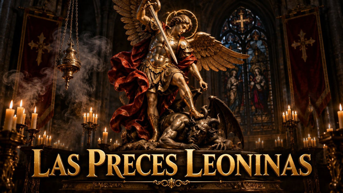 Imagen de san Miguel Arcángel con la espada en alto venciendo al demonio, en una iglesia en penumbra