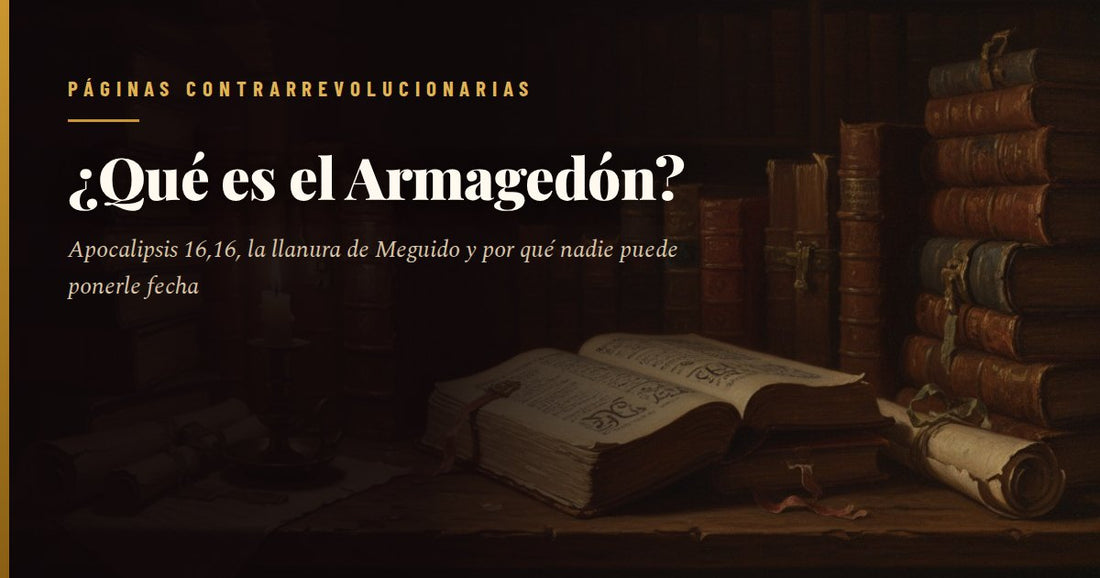 Portada del artículo: biblioteca en penumbra con libros antiguos encuadernados en piel, un volumen abierto sobre la mesa junto a una vela y un pergamino enrollado; sobre el fondo oscuro, el título «¿Qué es el Armagedón?» en letras blancas.