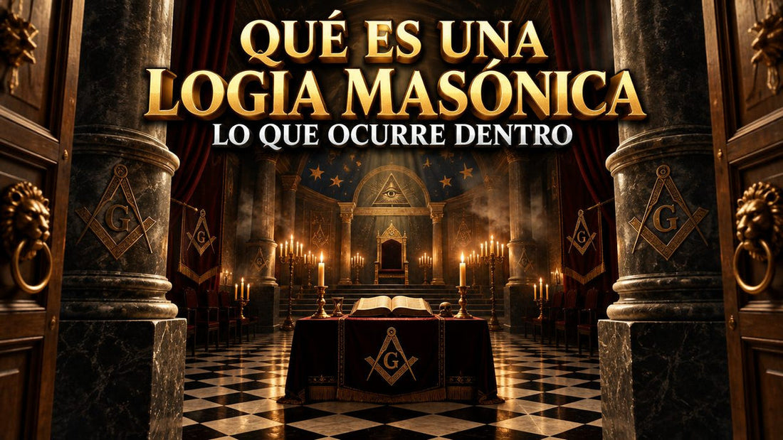 Interior de una logia masónica con suelo de damero, columnas y altar