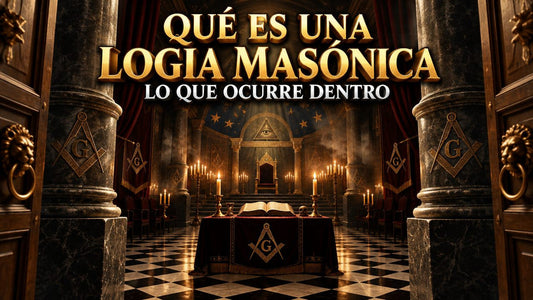 Interior de una logia masónica con suelo de damero, columnas y altar