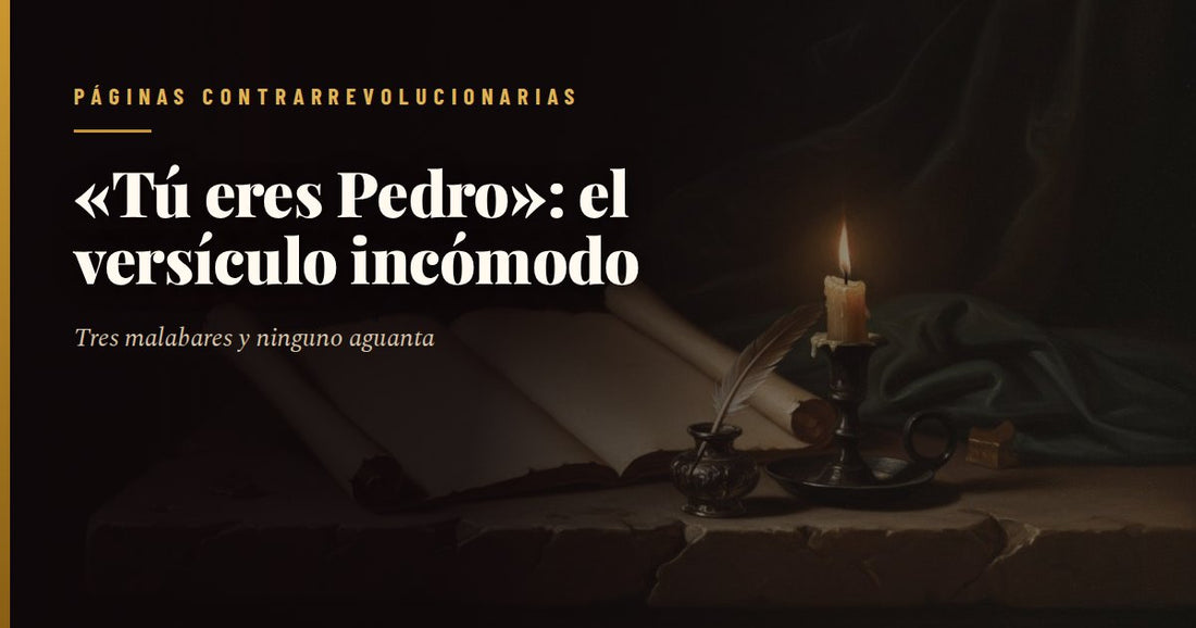 Grabado antiguo de san Pedro sentado con manto amplio, sosteniendo en la mano derecha dos llaves cruzadas de hierro y un libro cerrado sobre las rodillas, con la mirada alzada y una columna de piedra a su espalda, iluminado desde la izquierda