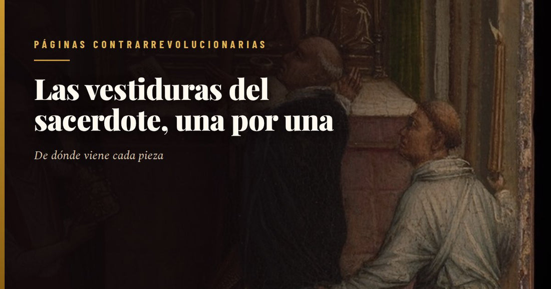 Grabado antiguo de un sacerdote revestido para la Misa tradicional, de pie y de frente: sobre el alba blanca de lino lleva la casulla amplia con la cruz bordada, y asoman el amito al cuello, el cíngulo a la cintura y el manípulo en la muñeca izquierda