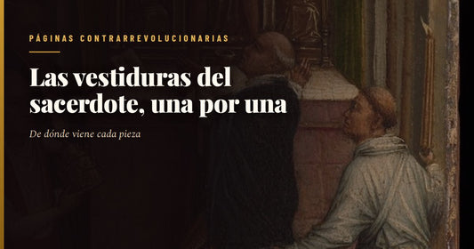 Grabado antiguo de un sacerdote revestido para la Misa tradicional, de pie y de frente: sobre el alba blanca de lino lleva la casulla amplia con la cruz bordada, y asoman el amito al cuello, el cíngulo a la cintura y el manípulo en la muñeca izquierda