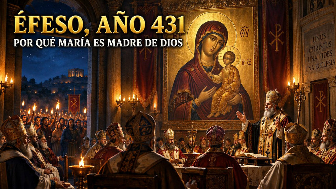 Concilio de Éfeso con obispos y un icono de la Virgen con el Niño