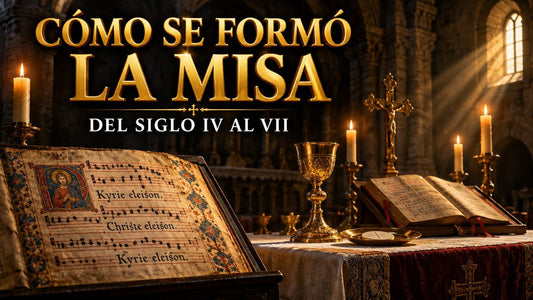 Altar antiguo con cáliz, velas y un manuscrito de canto gregoriano