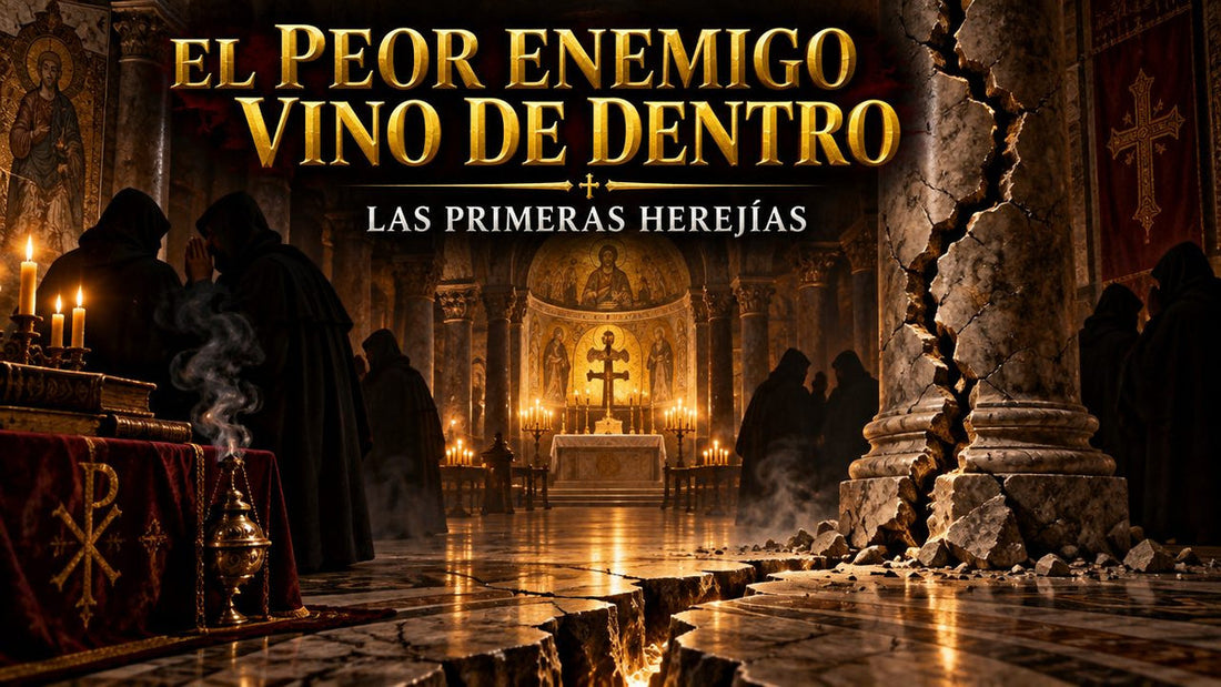 Basílica paleocristiana en penumbra con una columna partida por una grieta