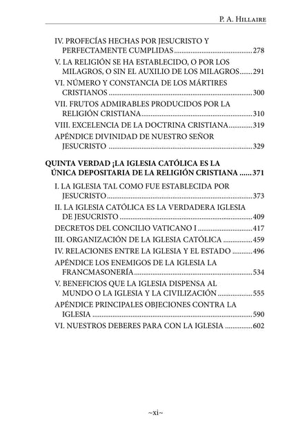 Índice de La religión demostrada, del P. A. Hillaire (página 3): cuarta y quinta verdad, con el apéndice sobre la francmasonería