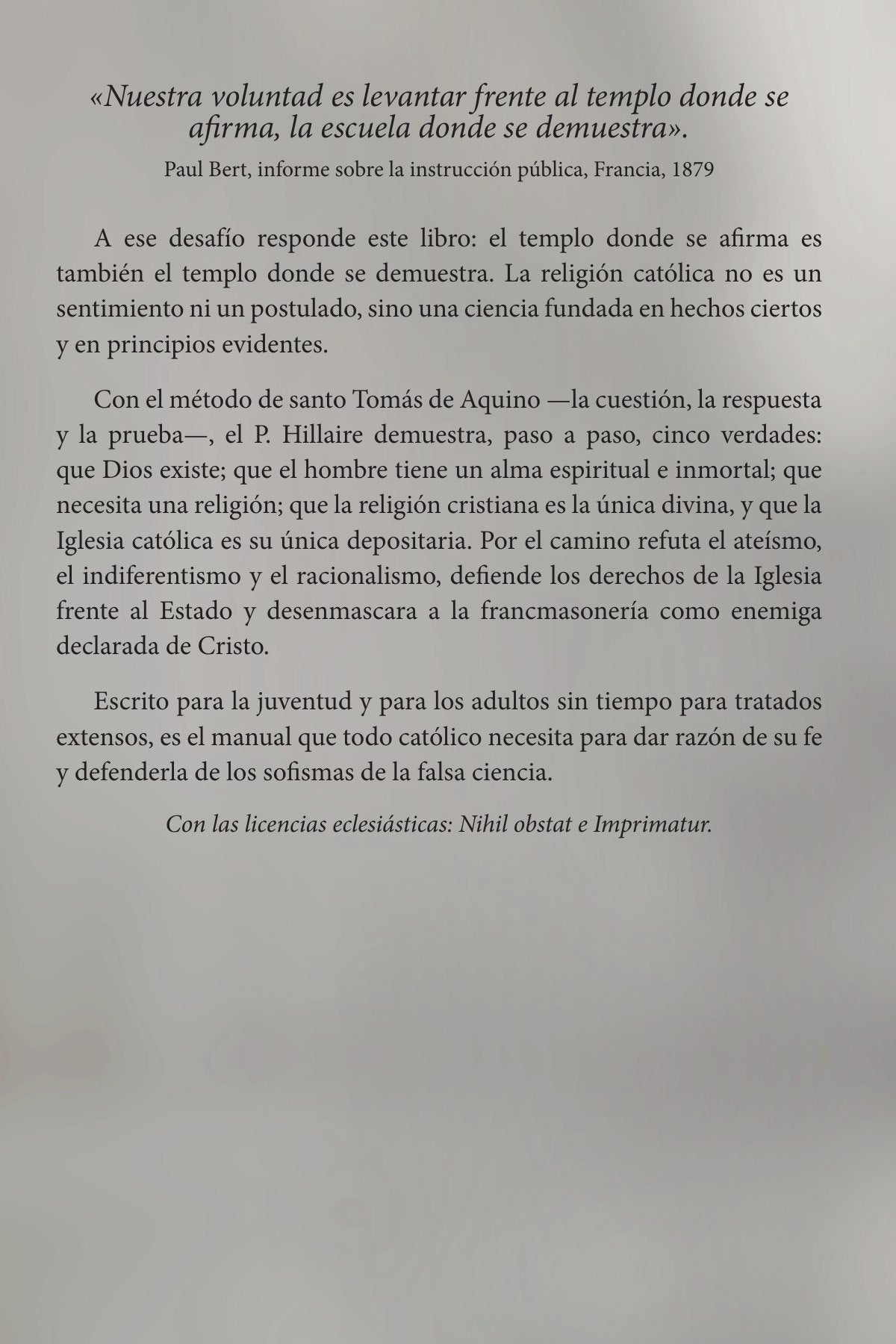 Contraportada de La religión demostrada, con la frase de Paul Bert y el resumen de las cinco verdades