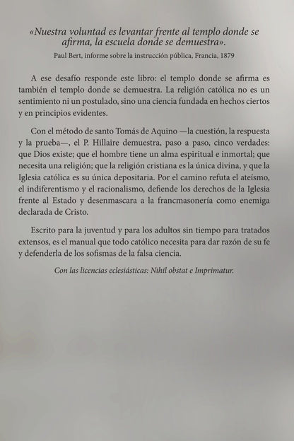 Contraportada de La religión demostrada, con la frase de Paul Bert y el resumen de las cinco verdades