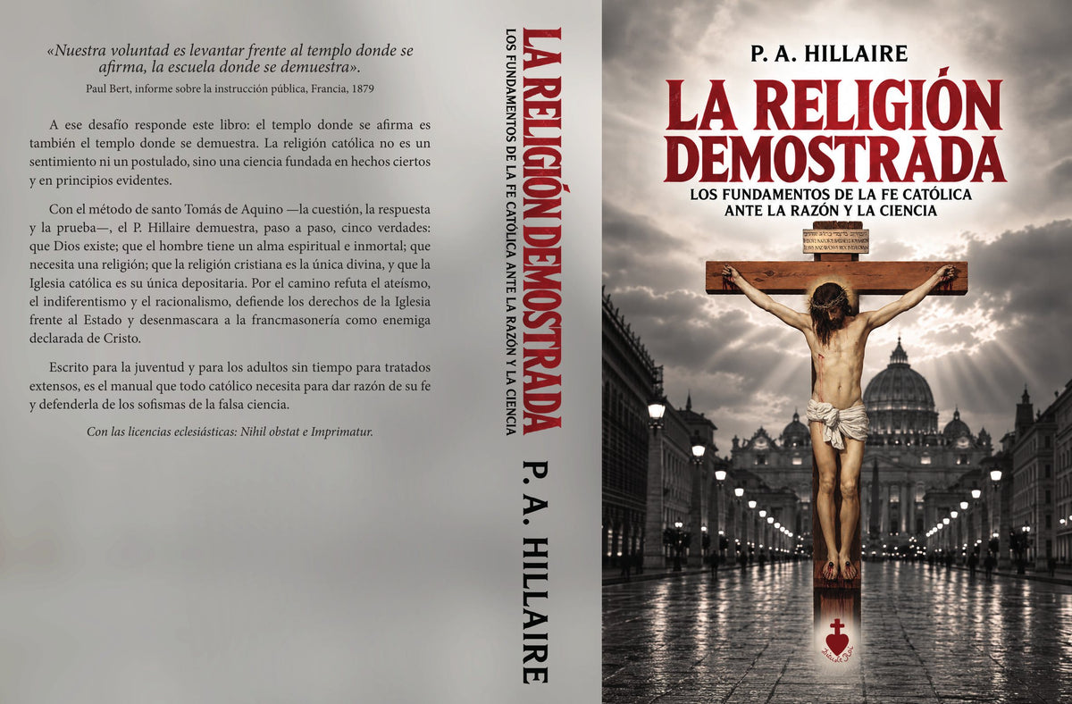 Cubierta completa con contraportada, lomo y portada de La religión demostrada